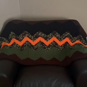 Handmade Crocheted Chevron Camoflauge/Brown/Green/Orange Blanket